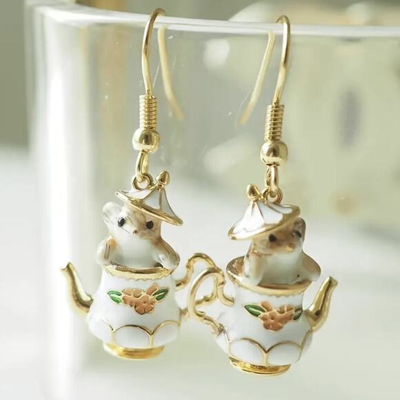 Teapot Mouse Dangle Earrings 14k Gold Plated Enamel Charm Kawaii NWT - Picture 1 of 4